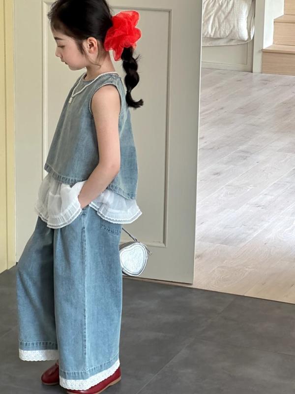 小わっぱ服 夏物 ジーンズ セットアップ ノースリーブ より良い ワイドレッグパンツ 2点書き割り 薄っぺら 韓国風 ガールズ 御嬢さん 御嬢さん