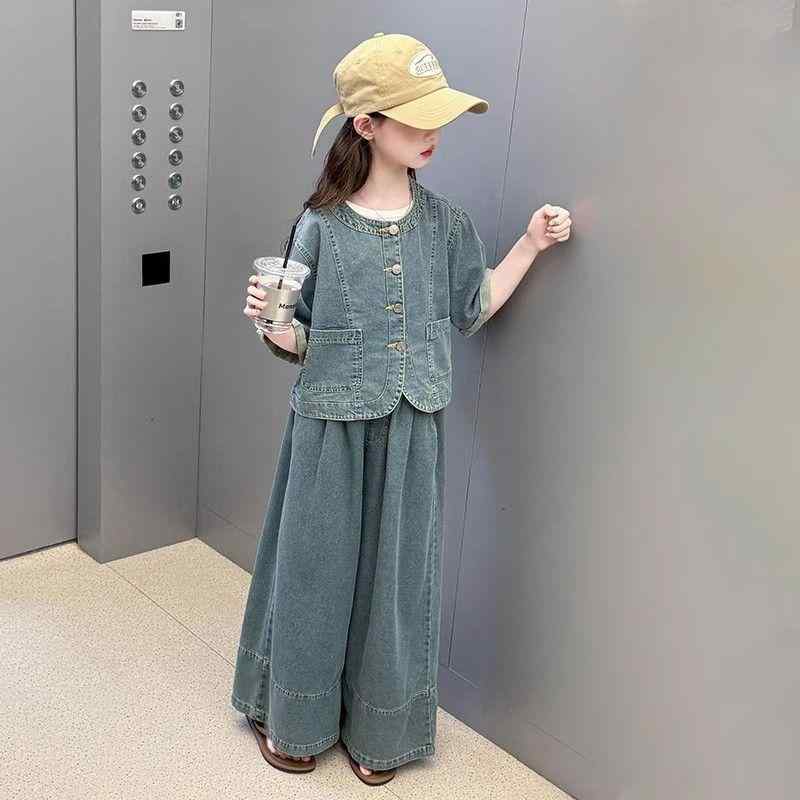 ちびっ子用 ジーンズ セットアップ 春夏 半袖 上衣 ワイドレッグパンツ 2点書き割り お嬢さん ガールズ 薄っぺら 普段着 デイリー