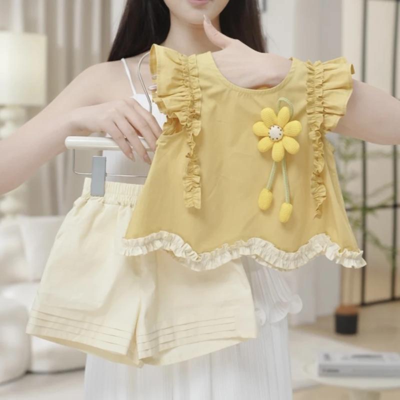 ワンピース キッズ 女の子 夏 ノースリーブ ショートパンツ セットアップ 子供服 イエロー 立体 ソーラーフラワー 綿 かわいい