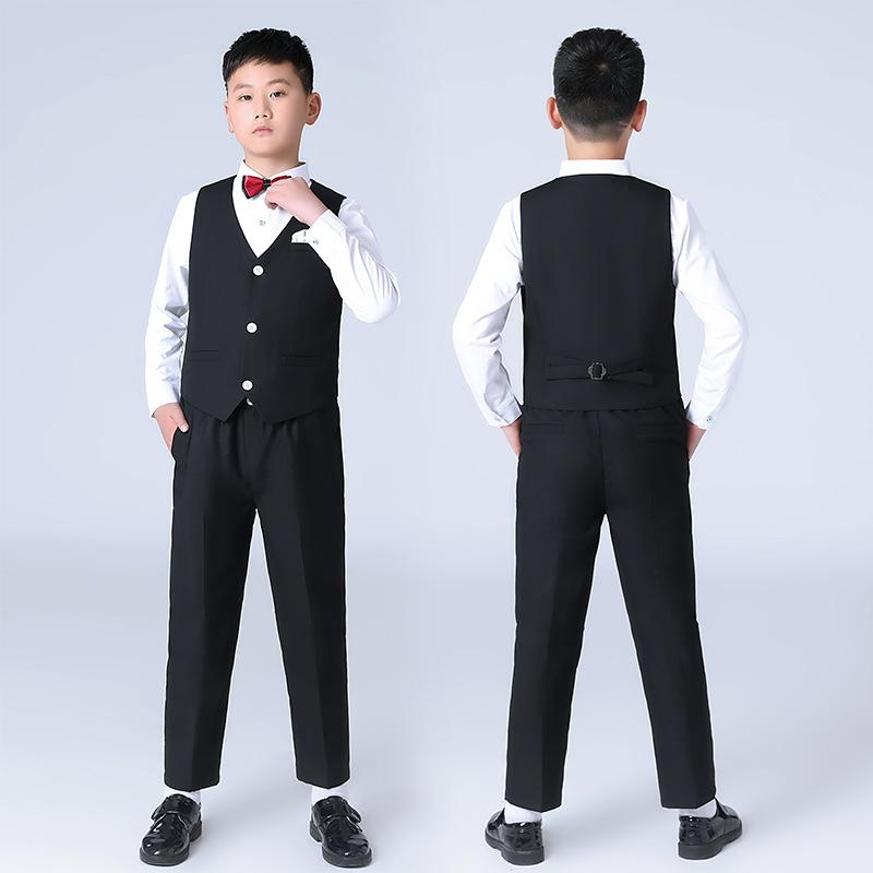 子供用 フォーマルスーツ 春秋 男の子 紳士風 ベスト & パンツ セットアップ 発表会 結婚式 パーティー 演奏会 大きめサイズ 上下セット 長袖シャツ 蝶ネクタイ付き
