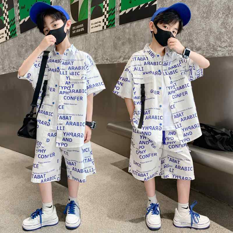 子供服 男の子 夏 セットアップ シャツ ショートパンツ 2点セット カジュアル スタイリッシュ 綿 薄手 ブラック ブルー トップス ボトムス