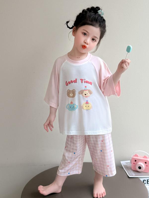 子供用パジャマ 女の子 モダール 薄手 半袖 ホームウェア セットアップ 綿混紡 ピンク カートーン柄 春夏 90 100 110 120 130 140