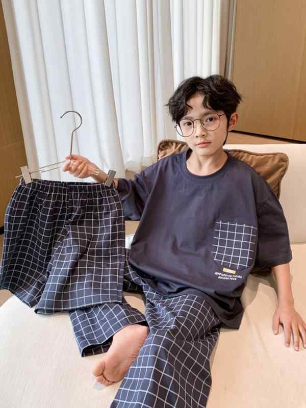 子供用パジャマ 男児 夏 半袖 3点セット 綿100% 薄手 中大童 格子柄 部屋着 ルームウェア 110cm 120cm 130cm 140cm 150cm 160cm 170cm 春夏
