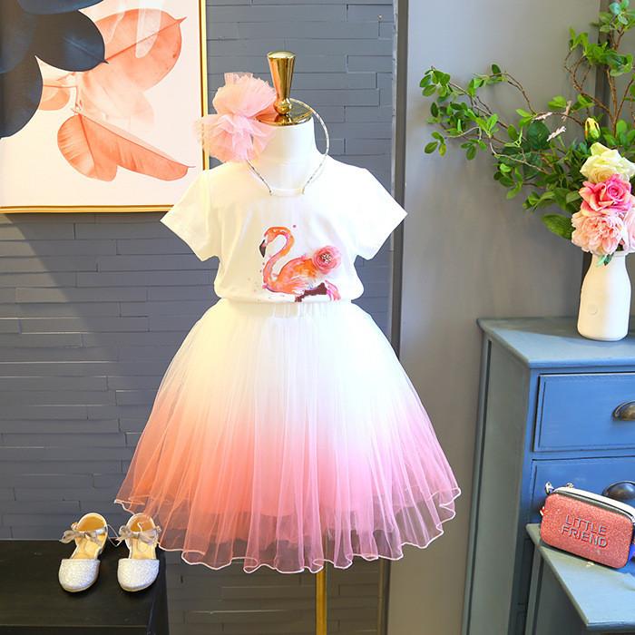 子供服 女の子 半袖Tシャツ & チュールスカート 上下セット フラミンゴ柄 夏物 かわいい ガールズ キッズ 普段使い お出かけ着