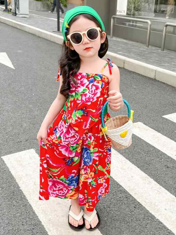 子供用タンクトップ セットアップ 女の子 夏 綿 ノースリーブ パンツ 花柄 赤 緑 キッズ ウェア 上下セット かわいい おしゃれ 薄手 涼しい 普段着 ルームウェア 韓国風