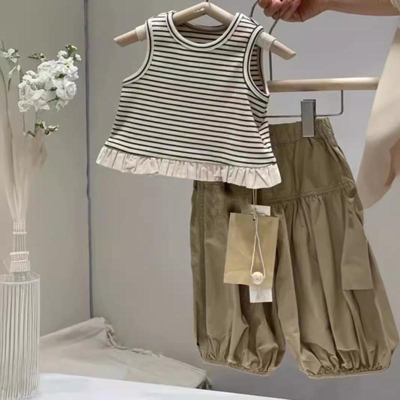 子供服 女の子 夏物 上下セット ストライプ タンクトップ 蚊よけパンツ 2点セット 綿 涼しい かわいい ガールズ キッズ 普段着 おしゃれ