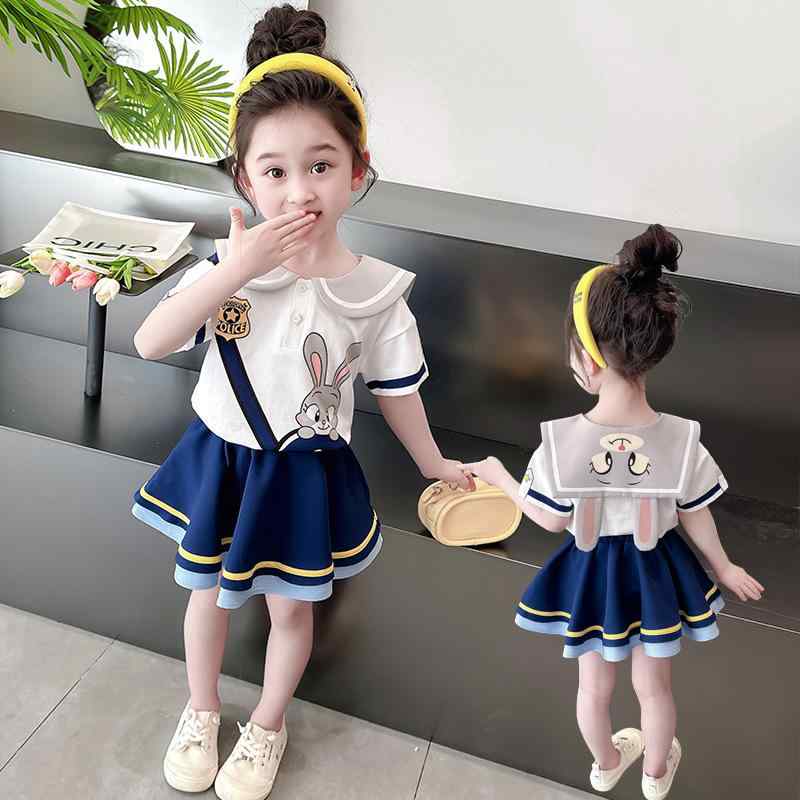 子供服 女の子 半袖ワンピース セットアップ 夏物 スカート 学院風 2点セット 薄手 かわいい ウサギ耳付き ホワイト