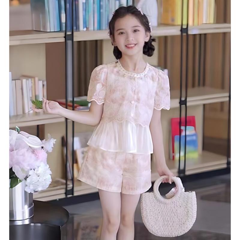 キッズ 女の子 ピンク系 レース トップス ショートパンツ 2点 セットアップ 綿混紡 夏物 子供服 かわいい おしゃれ着 普段着