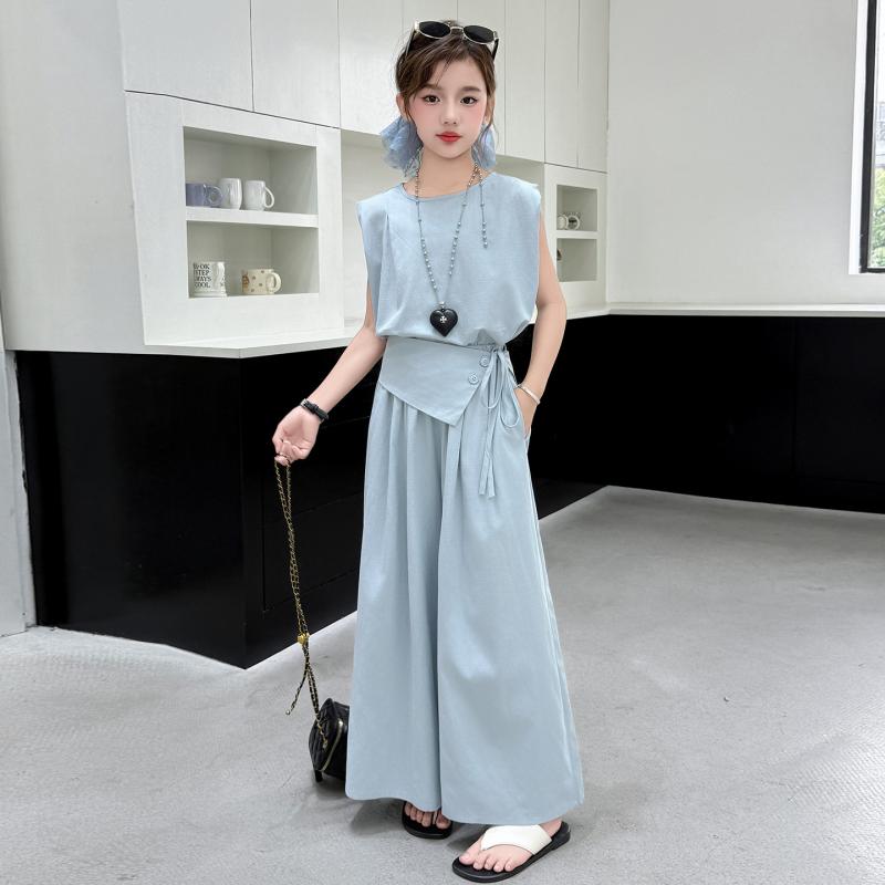 子供服 女の子 韓国風 セットアップ 春夏 ノースリーブ トップス ワイドレッグパンツ 2点セット かわいい おしゃれ ガールズ キッズ ジュニア 薄手 綿 普段着 通学着 イエロー ブルー 120cm 130cm 140cm 150cm 160cm 1