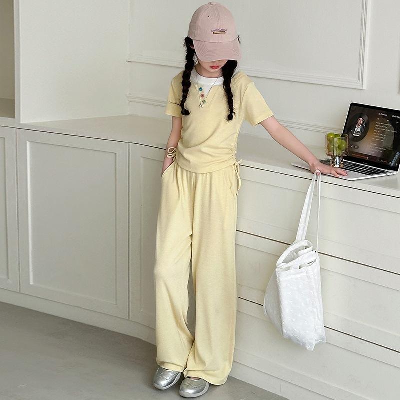 子供服 ニット セットアップ 女の子 半袖 ワイドレッグパンツ 2点セット 薄手 カットソー ガールズ 上下セット かわいい おしゃれ 普段着 ルームウェア 韓国風