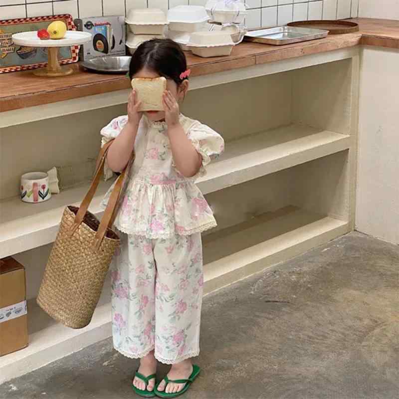 キッズ セットアップ 半袖 シャツ 花柄 パンツ かわいい 薄手 夏服 女の子 上下セット 子供服 普段着 部屋着