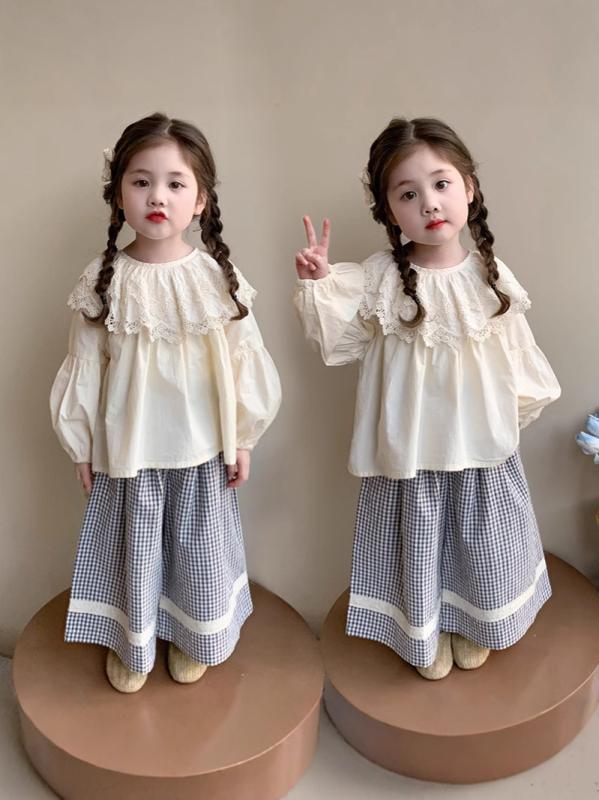 子供服 セットアップ 女の子 2点セット ドール襟 シャツ ワイドレッグパンツ 春秋 ミルクホワイト 綿混紡 80% 格子柄 かわいい ガールズ 女児 普段着