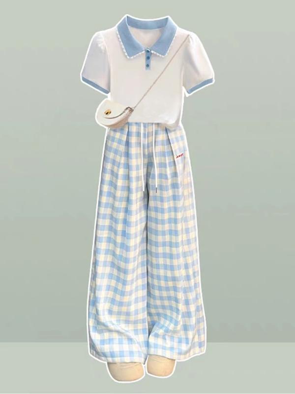 子供服 女の子 ワイドレッグパンツ セットアップ 半袖 ポロシャツ Tシャツ チェック柄 パンツ 韓国風 夏服 150 160 140 130 120