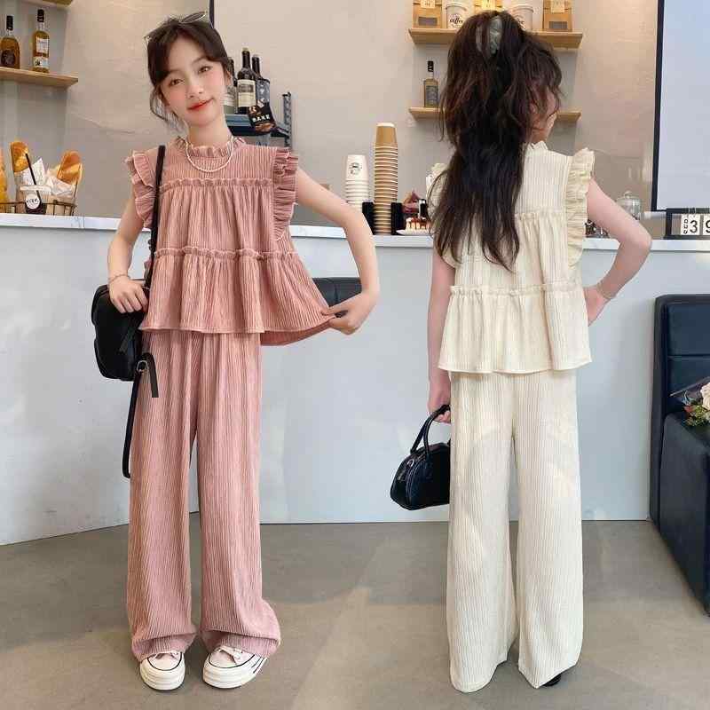 キッズ 女の子 ワイドレッグパンツ ノースリーブ 2点セット 薄手 夏服 韓国風 無地 ポリエステル リラックス 普段使い