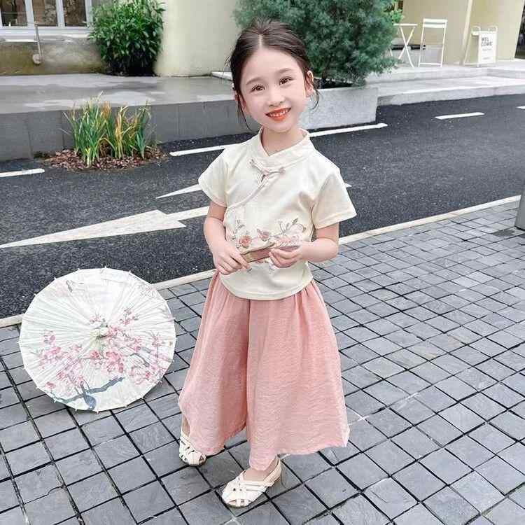 子供服 女の子 夏物 パンツセット チャイナ風 半袖 ワイドレッグパンツ 2点セット 100 110 120 130 140 150 160 ピンク系 グリーン系 薄手 普段着