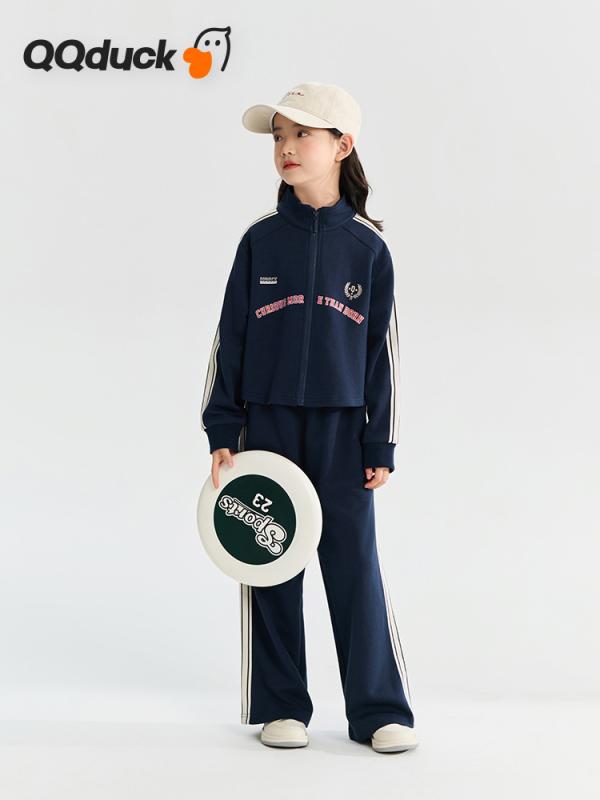 キッズ ガールズ 赤ちゃん服 プルオーバー 上下仕掛ける 年月 運動競技お召しもの 長袖 ジレー ワイドレッグパンツ 2点仕掛ける 綿混紡 深青 浅花灰 130 140 150 160 165