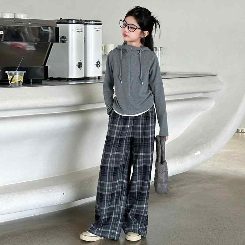 キッズ 女の子 ニット カーディガン & 格子柄 ワイドレッグパンツ セットアップ 秋冬 子供服 上下セット 2点セット 綿 柔らかい かわいい おしゃれ 普段着 通学着 120cm 130cm 140cm 150cm 160cm 170cm グレー 灰