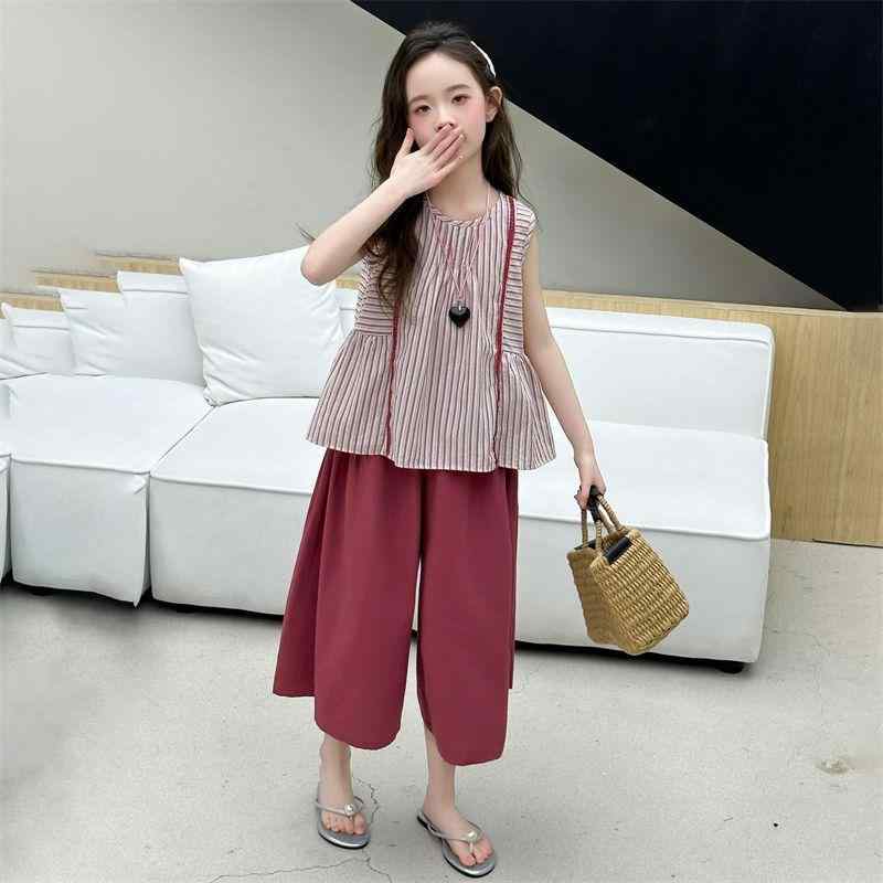 子供服 セットアップ 女の子 夏物 ストライプ ノースリーブ トップス ワイドレッグパンツ 2点セット かわいい ガールズ キッズ ジュニア 普段着 おしゃれ