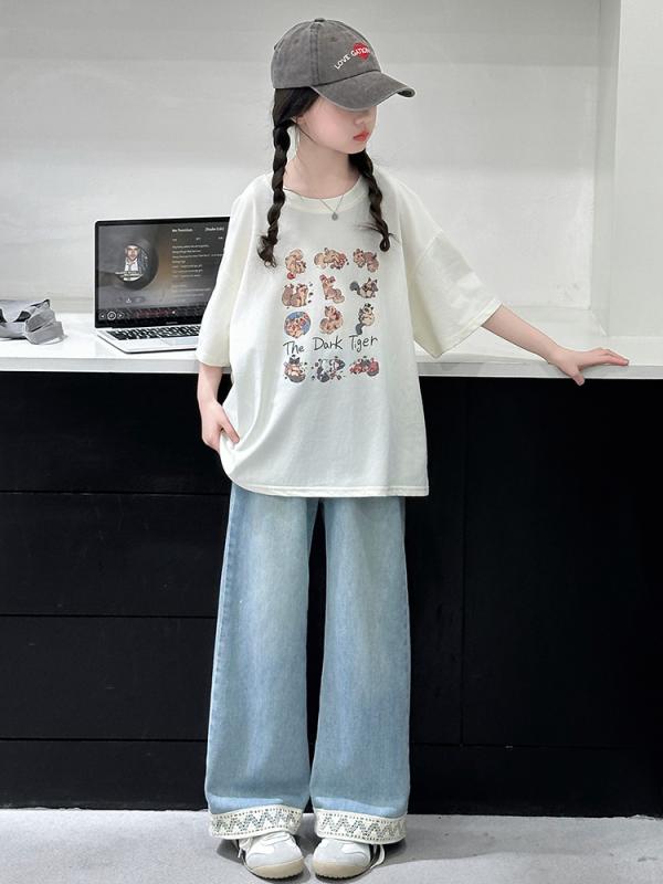 子供服 女の子 半袖Tシャツ デニム ワイドパンツ 2点セット 夏 薄手 通学 普段使い かわいい