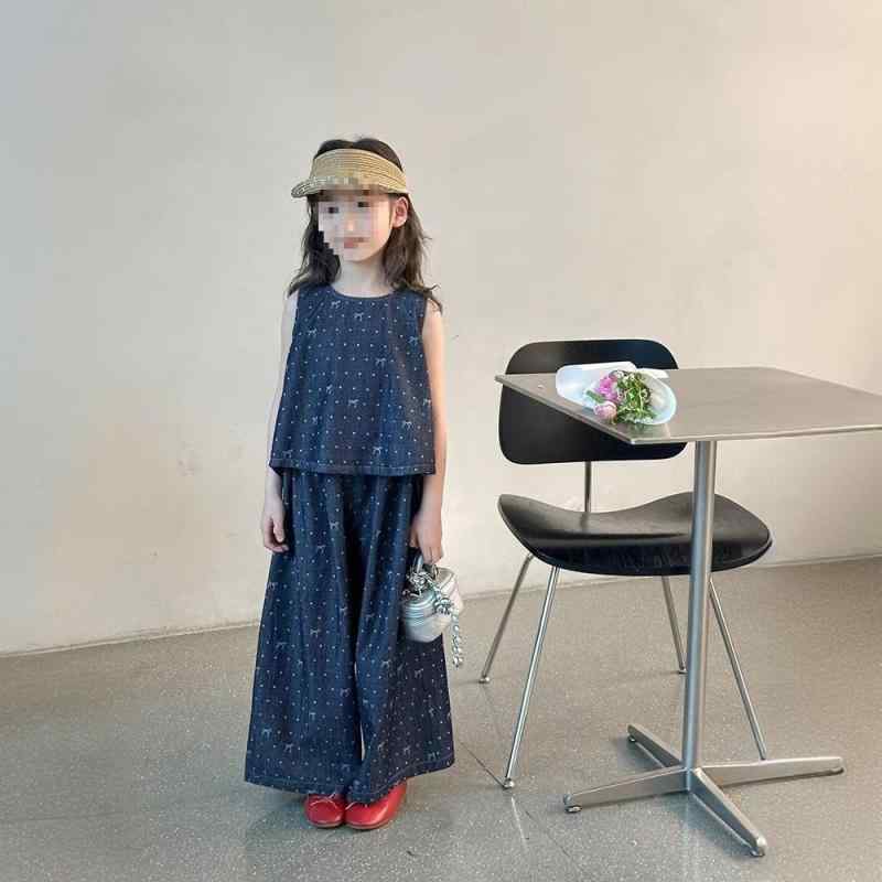 子供服 女の子 デニムセットアップ ノースリーブ トップス ワイドレッグパンツ 2点 セット 夏 薄手 かわいい 100 110 120 130 140 150 160 紺色