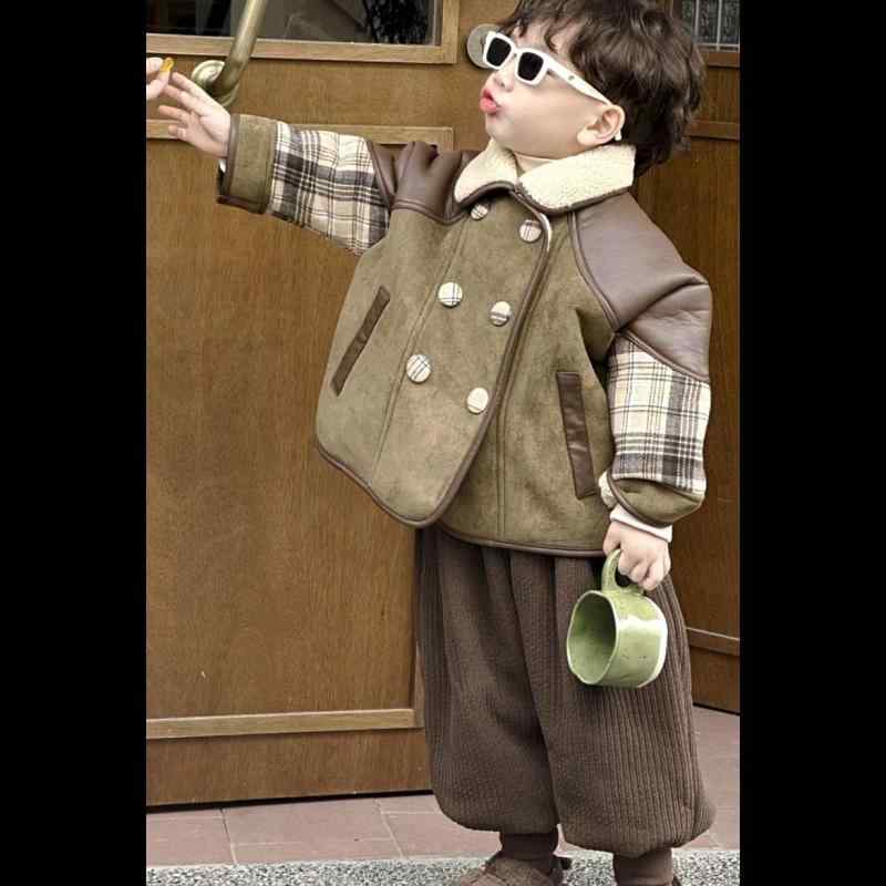キッズ チェック柄 ジャケット パンツ 上下セット 秋冬 子供服 コーデュロイ ズボン 厚手 防寒 幼児 男の子 ボーイズ 80 90 100 110 120 130 140