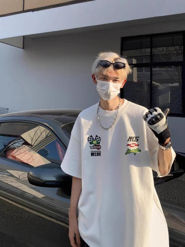 Tシャツ 男性用 美式 レトロ風 プリント 半袖 トップス コットン ゆったり リラックスウェア 白 黒 カットソー