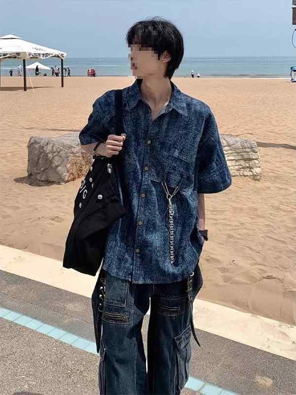 シャツ 男性用 扎染 肩パッド 半袖シャツ 美中古着 リラックスフィット アメカジ 接触冷感