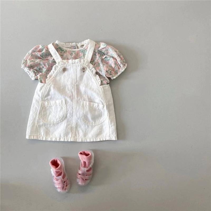 子供服 女の子 デニム サロペットスカート + 花柄 半袖 Tシャツ ベビー服 かわいい 洋風 セットアップ 73CM 80cm 90cm 100cm 110cm 120cm 春夏