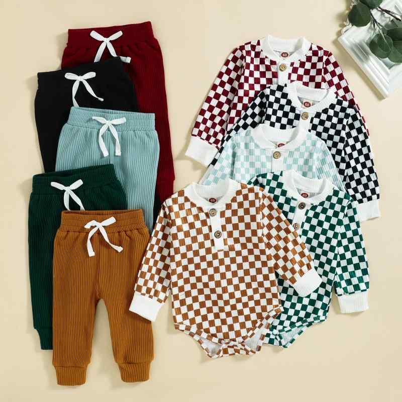ベビー服 女の子 ニット セットアップ パンツ付き コットン チェック柄 長袖 長ズボン 上下セット 5色 70 80 90 100cm