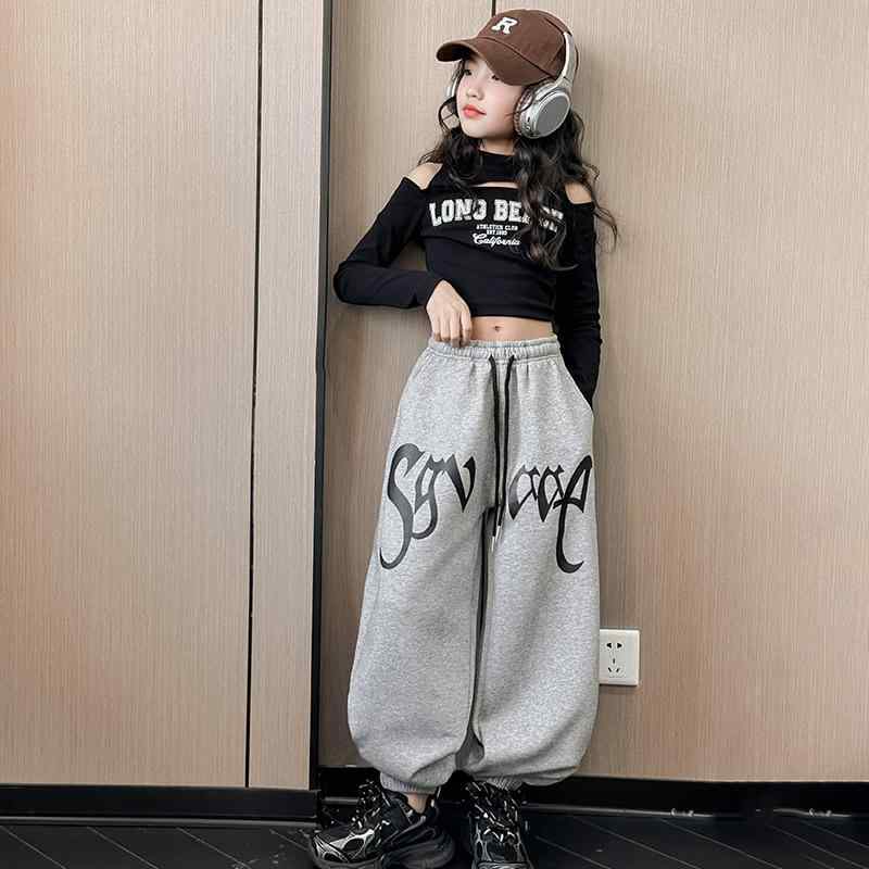 子供服 ダンス衣装 ガールズ 上下セット 長袖 Tシャツ スウェットパンツ スポーティー カジュアル ストリート 春秋