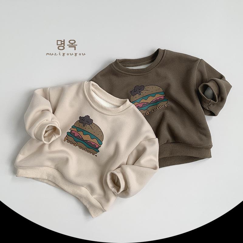 子供服 スウェットシャツ 男女兼用 裏起毛 韓国風 レトロ プリント トレーナー トップス 幼児 小学生 保温 綿 63% ミルクアプリコット ティーグリーン 80cm 90cm 100cm 110cm 120cm 130cm