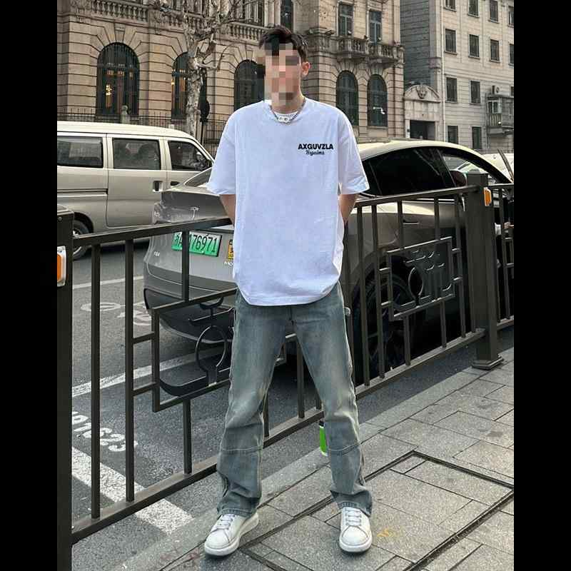 Tシャツ 男性用 ストリート系 カジュアル ゆったり プリント ホワイト コットン ポリエステル