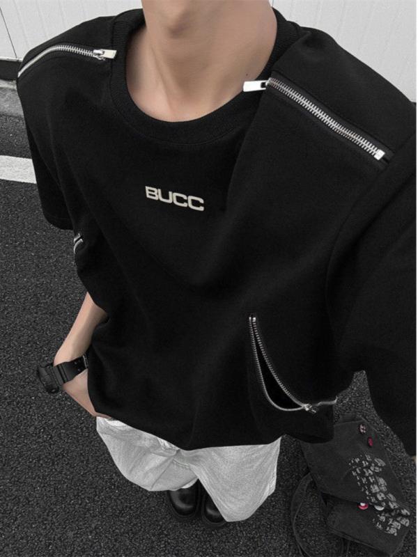 Tシャツ メンズ 半袖 メタルジッパー デザイン ドロップショルダー ゆったり ポリエステル混紡 カジュアル ストリート ブラック グレー M L XL XXL XXXL