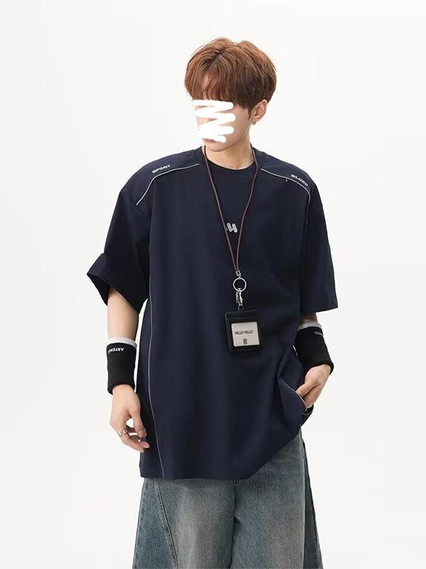 Tシャツ メンズ ストライプ 切り替え 五分袖 接触冷感 ポリエステル ゆったり リラックス ルームウェア 普段使い デイリー