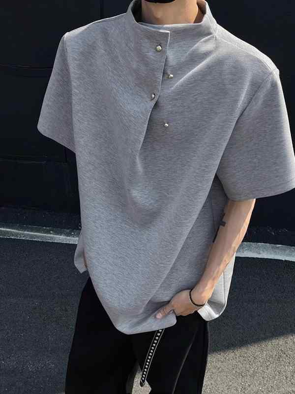 Tシャツ メンズ 半袖 薄手 立襟 カットソー スポーティー アメカジ ストリート ヴィンテージ風 普段使い 部屋着 トップス ポリエステル100％ 黒 ブラック グレー