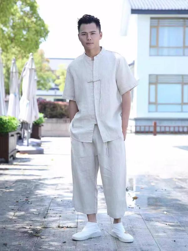 セットアップ メンズ 成人男性用 中国風 リネン プルオーバー 麻 上下仕掛ける 半袖 立襟 瀬戸もの名取り草 8分丈 ズボン下 お座敷お召しもの お座敷着 伸び伸びするお召しもの その他-メンズファッション