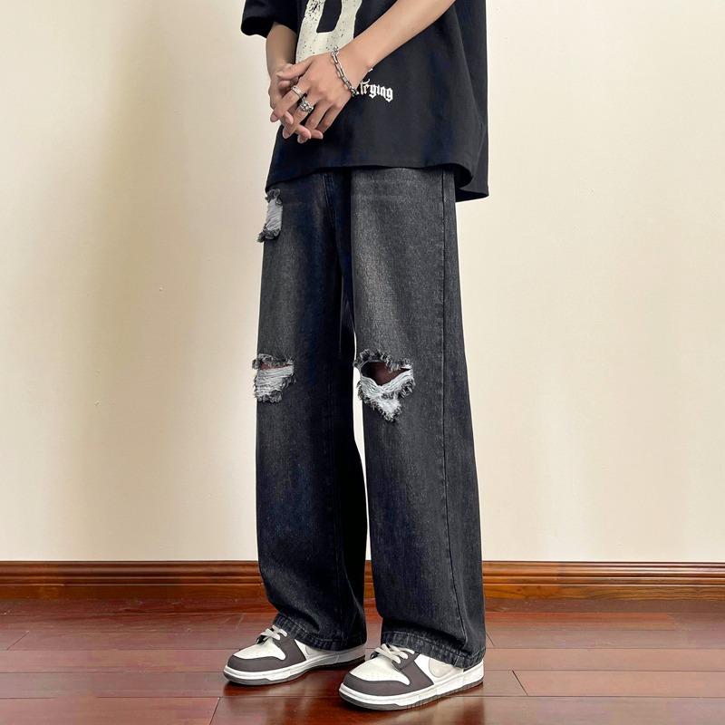 デニム メンズ ダメージジーンズ 男性用 ストレート ワイドレッグパンツ ゆったり カジュアル ブラック ブルー