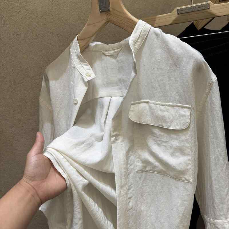 プルオーバー 成人男性用 リネン 混紡 トップス 半袖 立襟 無地 薄っぺら 冷やりとした 好いたらしい 白 黒