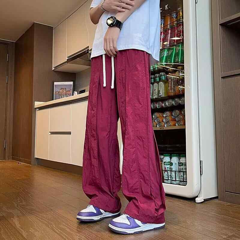 カジュアルパンツ 男性用 ストリート 直筒 ワイドレッグ 薄手 速乾性 ポリエステル 無地 レッド ブラック カーキグリーン