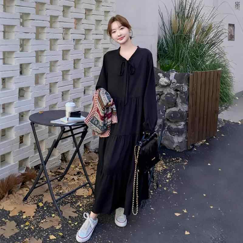 ワンピース 女性用 大きいサイズ Aライン ロングスカート 黒 長袖 ハイウエスト 丸首 プルオーバー ポリエステル 単色 ゆったりシルエット 気質 優雅 日韓カジュアル 春夏 普段使い 遮肚 スリム効果 減齢 韓国風