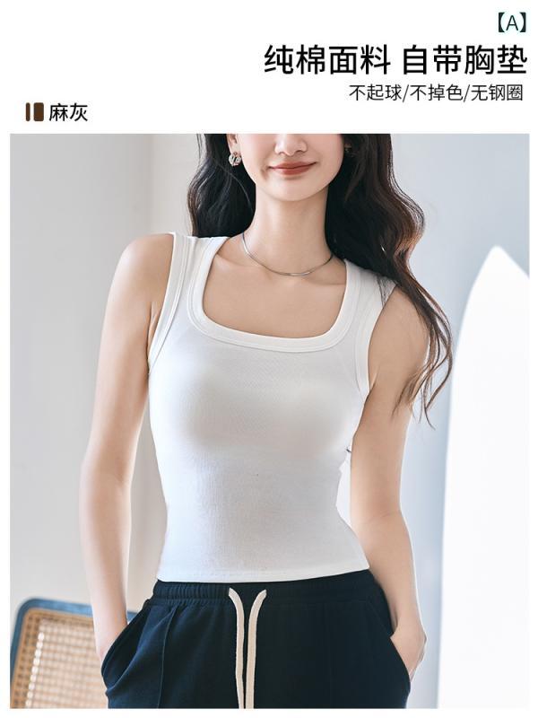 タンクトップ レディース キャミソール 白 無地 インナー パッド付き 綿 ノースリーブ 脇高仕様 胸元カバー 伸縮性 シンプル カジュアル 春夏