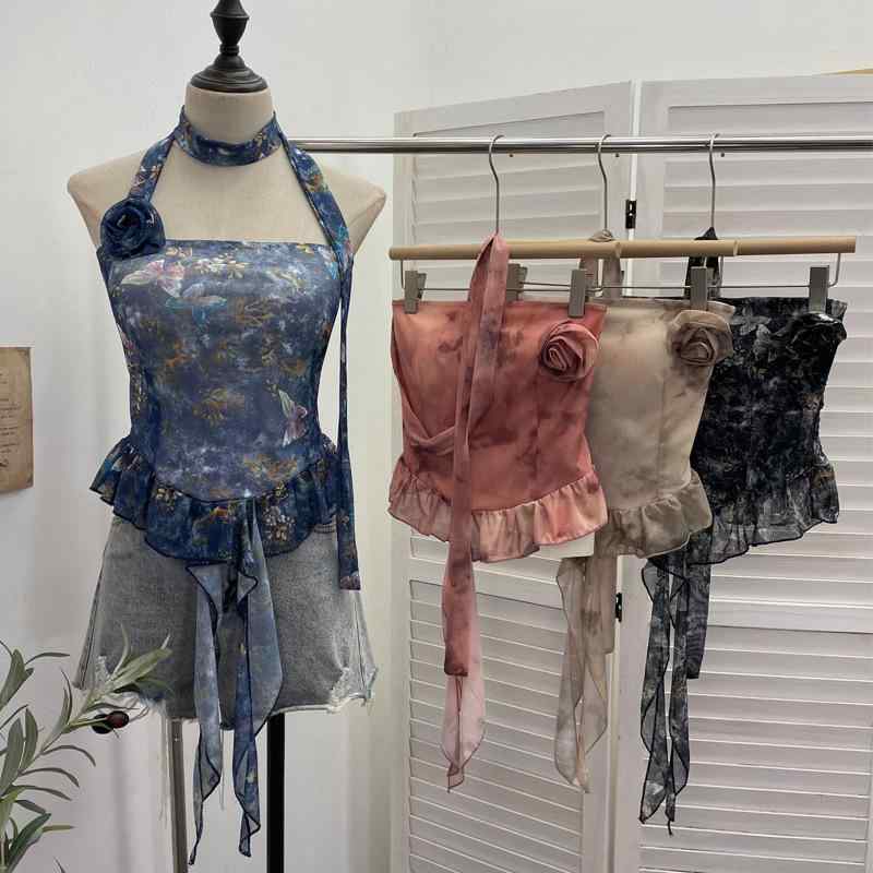 タンクトップ レディース チューブトップ インナー付き 花柄 メッシュ ノースリーブ ショート丈 トップス 白 ピンク系 紺 黒 杏色 接触冷感 吸湿速乾