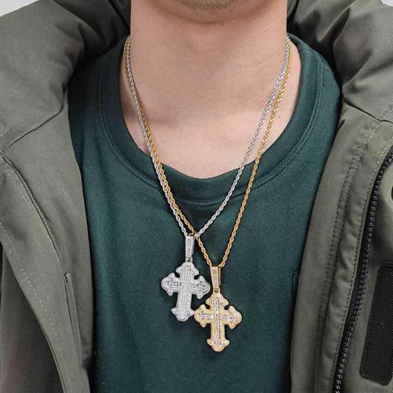 ネックレス 男性用 クロス ジルコニア ペンダント 幾何学 アクセサリー ヒップホップ ストリート 個性的 ラッキーアイテム ゴールドカラー プラチナカラー