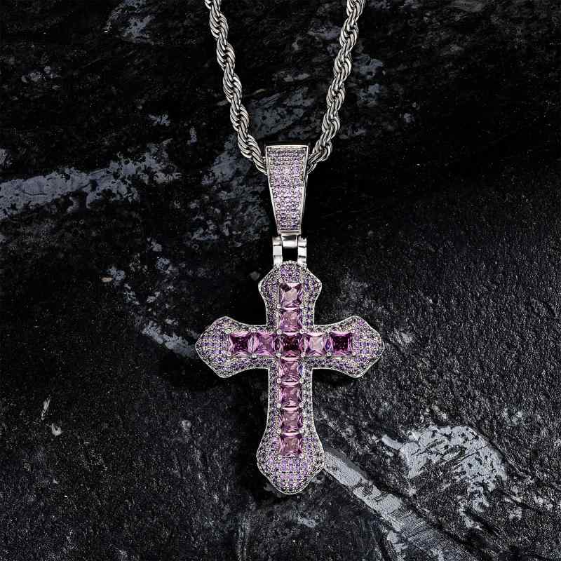 ネックレス メンズ 男性用 ジルコニア クロス 十字架 パンク ヒップホップ 個性的 アクセサリー 金色 紫 ブラック シルバー