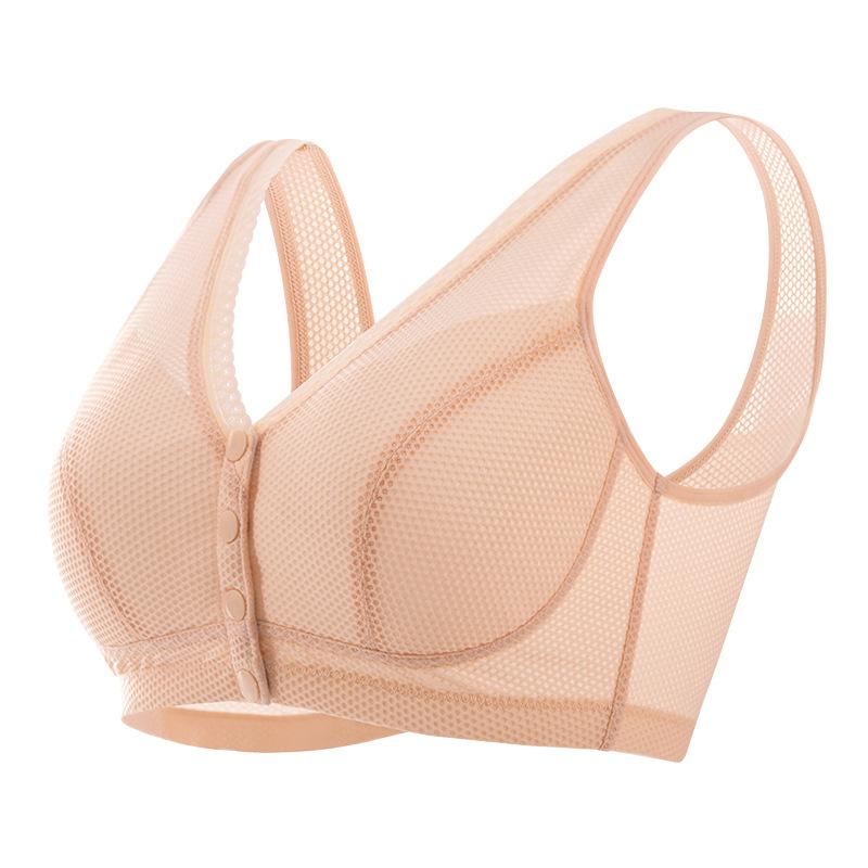ブラジャー レディース ミセス ノンワイヤー 綿混 カップ付き 肌着 インナー 大きいサイズ 薄手 前開き ピンク系