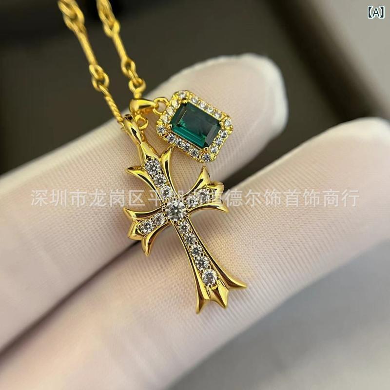 ネックレス 男性用 女性用 V金 22K黄金色 エメラルド 十字架 幾何学 手作り 竹節チェーン ヨーロッパ 高級感 ファッション ジュエリー アクセサリー|イーマイショップ