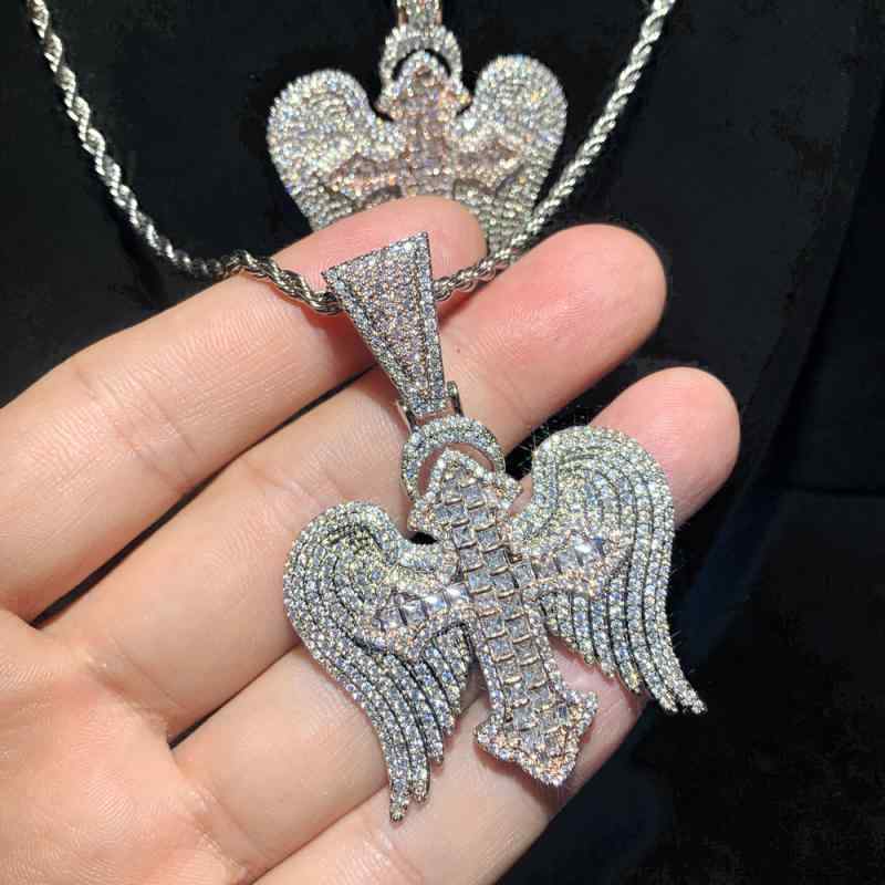 ネックレス 男性用 クロス 十字架 ウイング 翼 ジルコニア ペンダント ヒップホップ ラッキーアイテム アクセサリー 白金 ローズゴールド