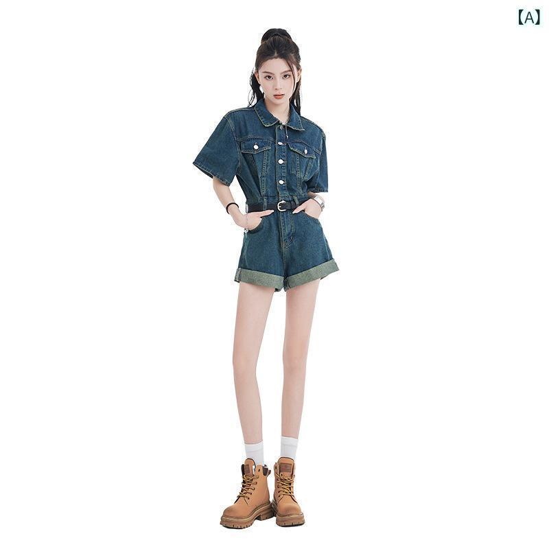 レディース 春夏 牛仔 セットアップ ショートパンツ トップス デニム 生地 コットン 再生繊維 切り替え デザイン ボタン ディテール ヴィンテージ 加工 ブルー 色 軽量 素材 伸縮性 普段使い スタイル かわいい シルエット 日韓 カジュアル