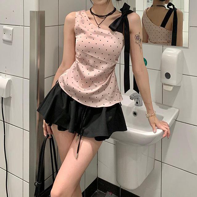 女性 夏 吊り紐 キャミソール ピンク トップス 無袖 接触冷感 切り替え デザイン 高腰 Aライン ブラック ミニスカート セット かわいい スイート スパイシー スタイル 軽量 吸湿速乾 再生繊維 デイリー ファッション ルームウェア 可能 ビッグシ