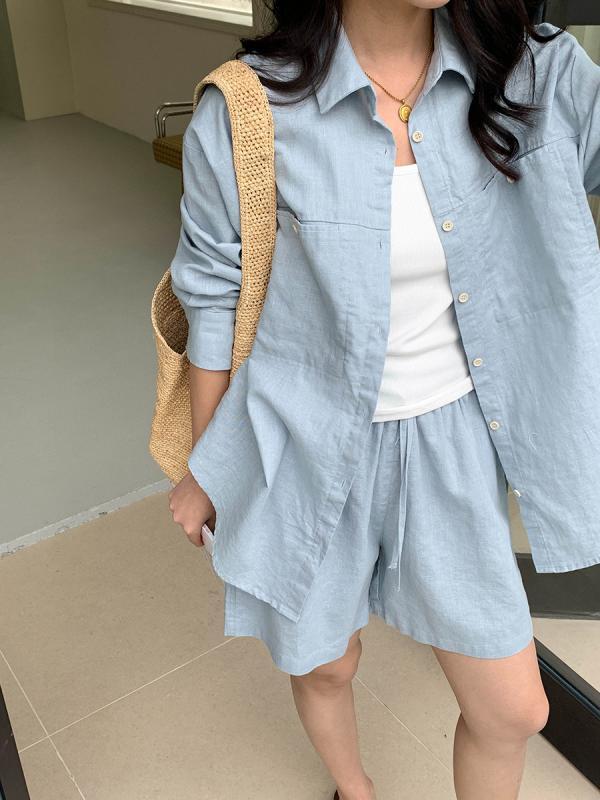 レディース リラックス シャツ ショートパンツ セット 麻 綿 素材 長袖 切り替え デザイン 通勤 通年 普段使い かわいい ゆったり シルエット 軽量 通気性 浅ピンク ブラック ホワイト ベージュ ライトブルー 気質 スタイル